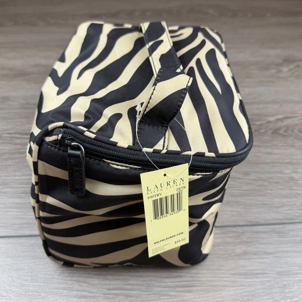 Lauren Ralph Lauren Womens Cosmetic Bag Zebra Animal Print Tan Black NWT